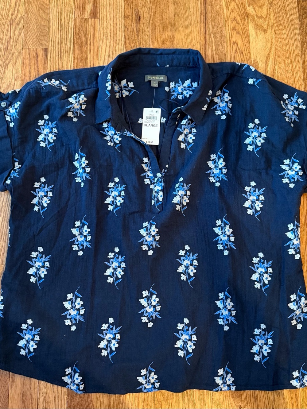Style & Co Navy Blue Floral Short-Sleeve Shirt